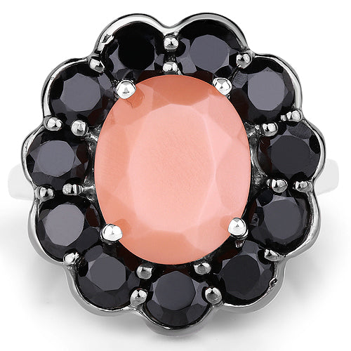 7.88 Carat Genuine Peach Moonstone and Black Spinel .925 Sterling Silver Ring Bids.com