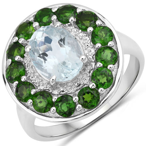 2.96 Carat Genuine Aquamarine and Chrome Diopside .925 Sterling Silver Ring Bids.com