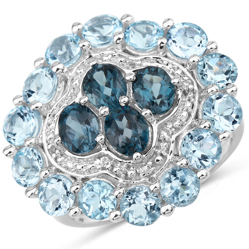 6.54 Carat Genuine London Blue Topaz, Blue Topaz and White Topaz .925 Sterling Silver Ring Bids.com