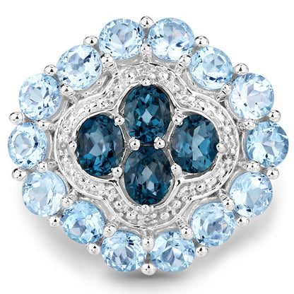 6.54 Carat Genuine London Blue Topaz, Blue Topaz and White Topaz .925 Sterling Silver Ring Bids.com