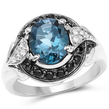 4.27 Carat Genuine London Blue Topaz, Black Spinel & White Topaz .925 Sterling Silver Ring Bids.com
