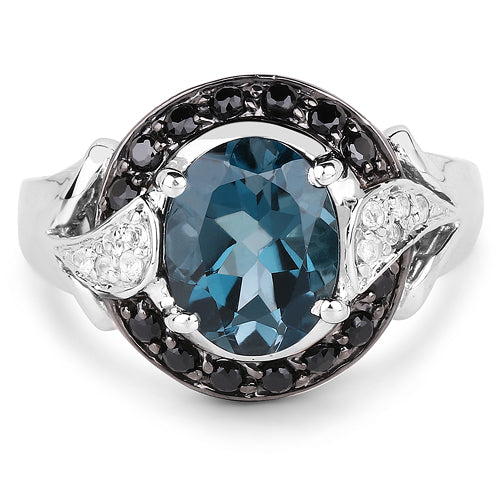 4.27 Carat Genuine London Blue Topaz, Black Spinel & White Topaz .925 Sterling Silver Ring Bids.com