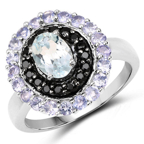1.77 Carat Genuine Aquamarine, Black Spinel and Tanzanite .925 Sterling Silver Ring Bids.com