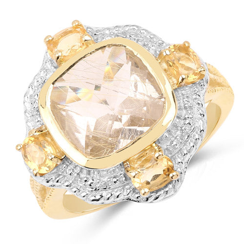 14K Yellow Gold Plated 4.07 Carat Genuine Golden Rutile and Citrine .925 Sterling Silver Ring Bids.com