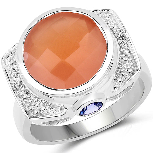 5.99 Carat Genuine Peach Moonstone, Tanzanite and White Topaz .925 Sterling Silver Ring Bids.com