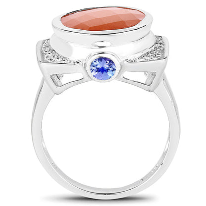 5.99 Carat Genuine Peach Moonstone, Tanzanite and White Topaz .925 Sterling Silver Ring Bids.com