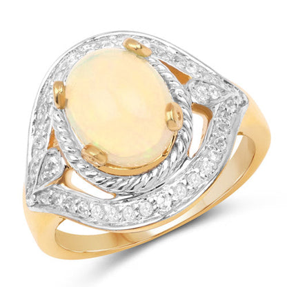 14K Yellow Gold Plated 1.88 Carat Genuine Ethiopian Opal and White Topaz .925 Sterling Silver Ring Bids.com