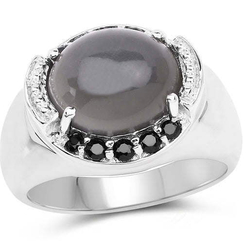 5.68 Carat Genuine Grey Moonstone & Black Spinel .925 Sterling Silver Ring Bids.com
