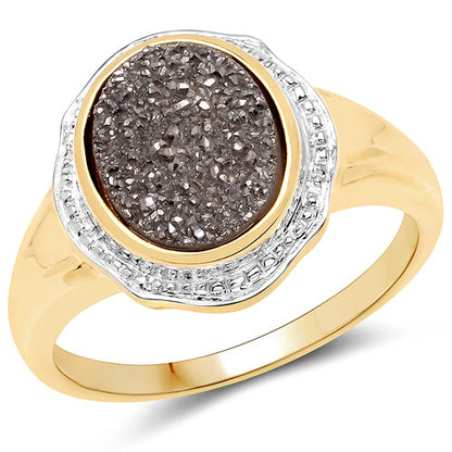 14K Yellow Gold Plated 4.50 Carat Genuine Drusy Quartz .925 Sterling Silver Ring Bids.com