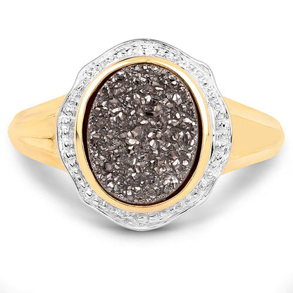 14K Yellow Gold Plated 4.50 Carat Genuine Drusy Quartz .925 Sterling Silver Ring Bids.com