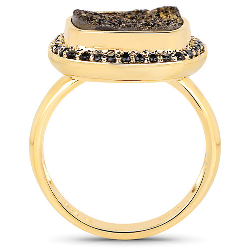 14K Yellow Gold Plated 6.19 Carat Genuine Drusy Quartz and Black Spinel .925 Sterling Silver Ring Bids.com