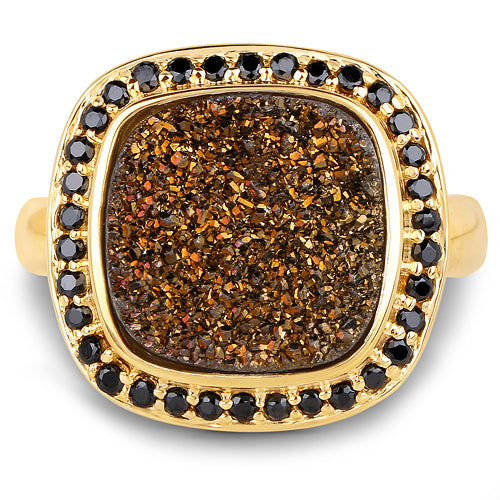 14K Yellow Gold Plated 6.19 Carat Genuine Drusy Quartz and Black Spinel .925 Sterling Silver Ring Bids.com