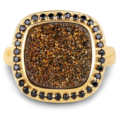 14K Yellow Gold Plated 6.19 Carat Genuine Drusy Quartz and Black Spinel .925 Sterling Silver Ring Bids.com