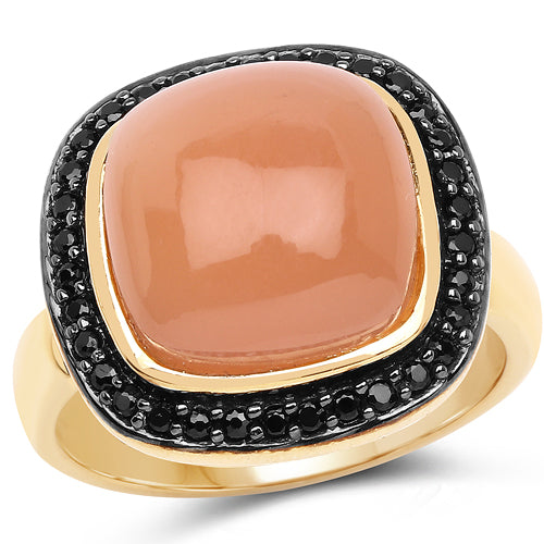 14K Yellow Gold Plated 7.50 ct. t.w. Peach Moonstone and Black Spinel Ring in Sterling Silver Bids.com