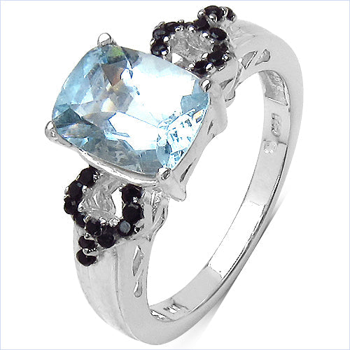 1.92 Carat Genuine Aquamarine & Black Spinel .925 Sterling Silver Ring Bids.com