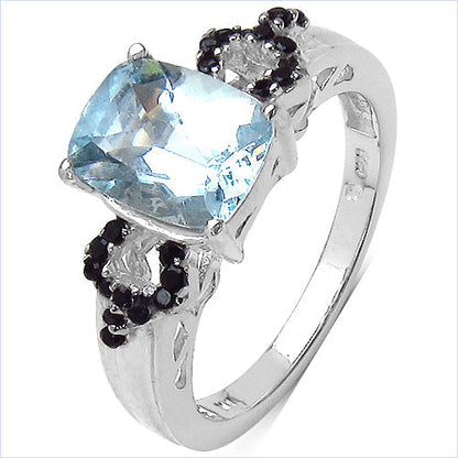 1.92 Carat Genuine Aquamarine & Black Spinel .925 Sterling Silver Ring Bids.com