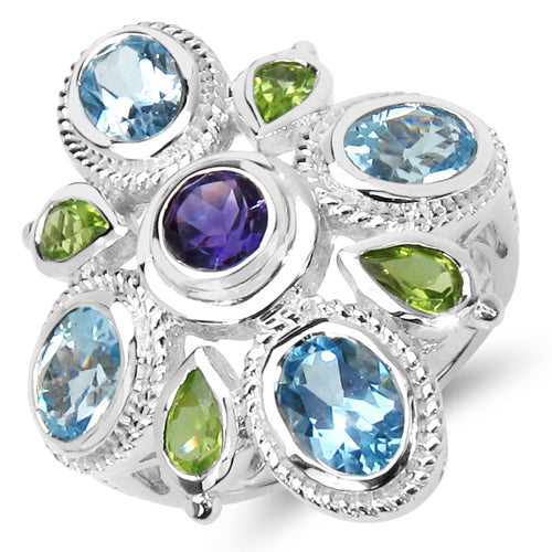 5.13 Carat Genuine Amethyst , Blue Topaz & Peridot .925 Sterling Silver Ring Bids.com