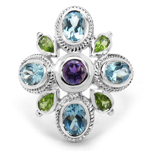 5.13 Carat Genuine Amethyst , Blue Topaz & Peridot .925 Sterling Silver Ring Bids.com
