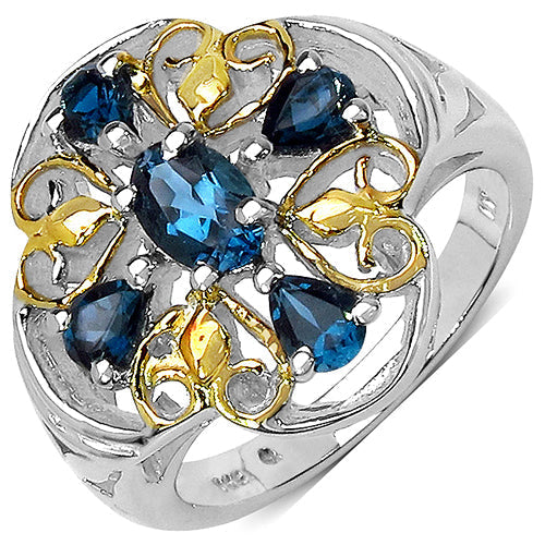 Two Tone Plated 1.45 Carat Genuine London Blue Topaz .925 Sterling Silver Ring Bids.com