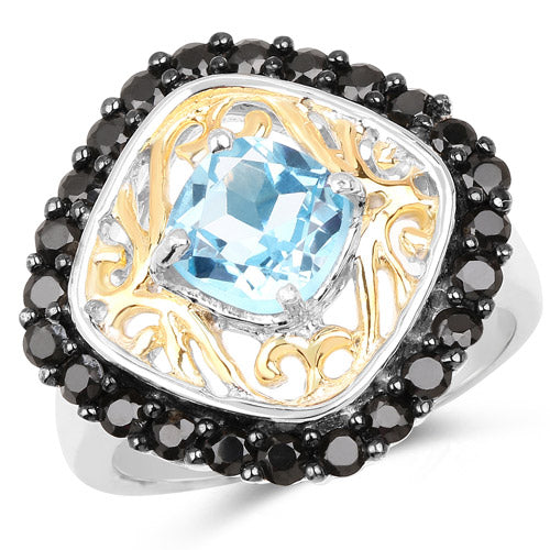 Two Tone Plated 2.85 Carat Genuine Swiss Blue Topaz and Black Spinel .925 Sterling Silver Ring Bids.com