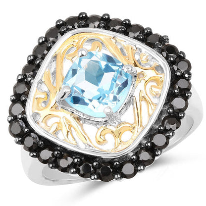 Two Tone Plated 2.85 Carat Genuine Swiss Blue Topaz and Black Spinel .925 Sterling Silver Ring Bids.com