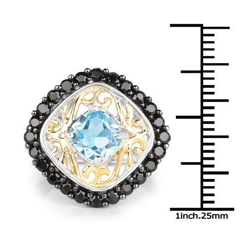 Two Tone Plated 2.85 Carat Genuine Swiss Blue Topaz and Black Spinel .925 Sterling Silver Ring Bids.com