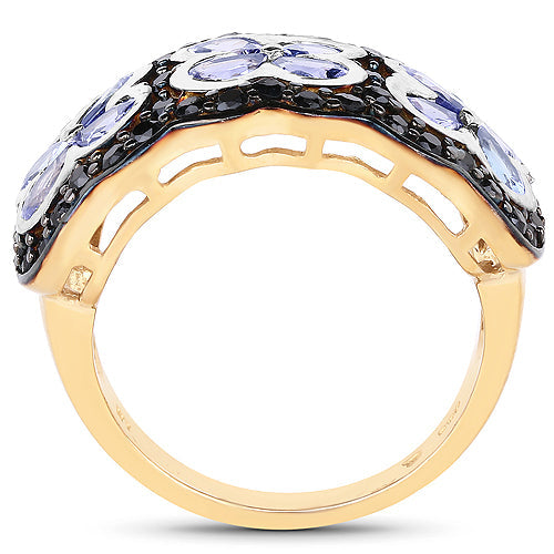 14K Yellow Gold Plated 2.60 Carat Genuine Tanzanite and Black Spinel .925 Sterling Silver Ring Bids.com