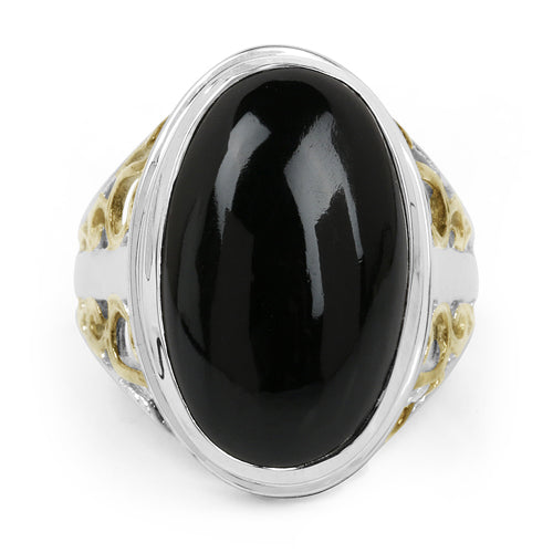 Two Tone Plated 10.92 Carat Genuine Black Onyx .925 Sterling Silver Ring Bids.com