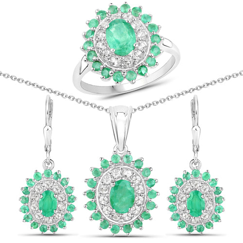 6.53 Carat Genuine Zambian Emerald and White Topaz .925 Sterling Silver 3 Piece Jewelry Set (Ring, Earrings, and Pendant w/ Chain) Bids.com