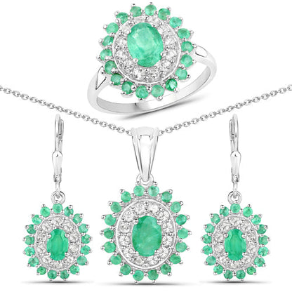 6.53 Carat Genuine Zambian Emerald and White Topaz .925 Sterling Silver 3 Piece Jewelry Set (Ring, Earrings, and Pendant w/ Chain) Bids.com