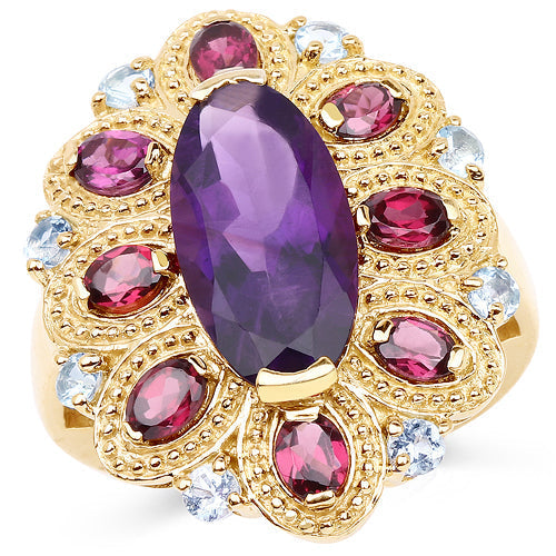 14K Yellow Gold Plated 6.80 Carat Genuine Amethyst, Rhodolite & Blue Topaz .925 Sterling Silver Ring Bids.com