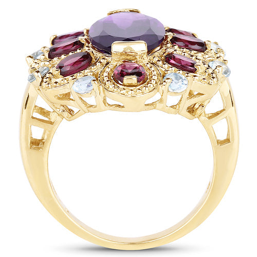 14K Yellow Gold Plated 6.80 Carat Genuine Amethyst, Rhodolite & Blue Topaz .925 Sterling Silver Ring Bids.com