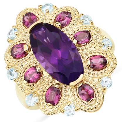6.80 Carat Genuine Amethyst, Rhodolite and Blue Topaz .925 Sterling Silver Ring Bids.com