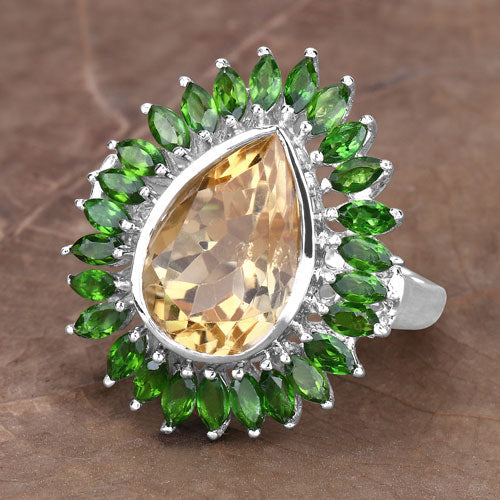 7.02 Carat Genuine Citrine and Chrome Diopside .925 Sterling Silver Ring Bids.com