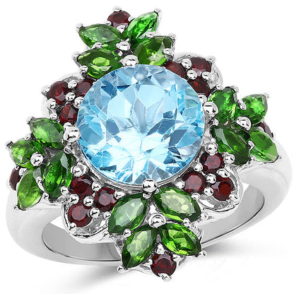 5.76 Carat Genuine Blue Topaz, Chrome Diopside & Garnet .925 Sterling Silver Ring Bids.com