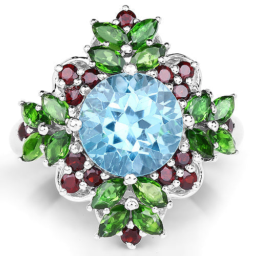 5.76 Carat Genuine Blue Topaz, Chrome Diopside & Garnet .925 Sterling Silver Ring Bids.com