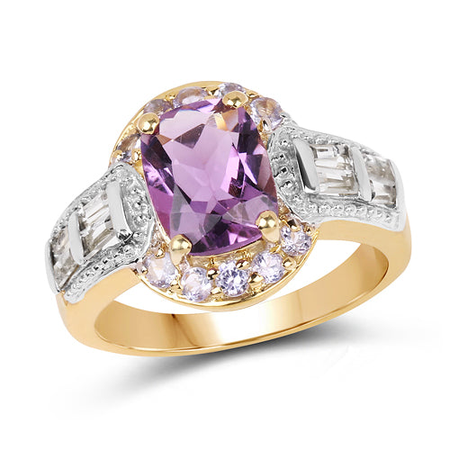14K Yellow Gold Plated 2.28 Carat Genuine Amethyst, Tanzanite And White Topaz .925 Sterling Silver Ring Bids.com
