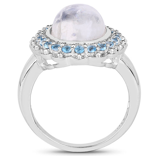 7.21 Carat Genuine White Rainbow Moonstone & Swiss Blue Topaz .925 Sterling Silver Ring Bids.com