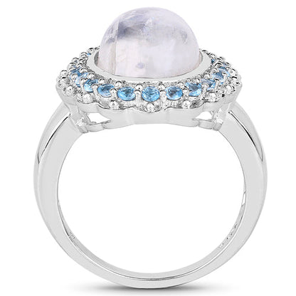 7.21 Carat Genuine White Rainbow Moonstone & Swiss Blue Topaz .925 Sterling Silver Ring Bids.com