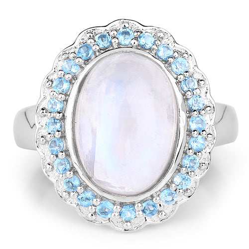 7.21 Carat Genuine White Rainbow Moonstone & Swiss Blue Topaz .925 Sterling Silver Ring Bids.com