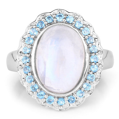 7.21 Carat Genuine White Rainbow Moonstone & Swiss Blue Topaz .925 Sterling Silver Ring Bids.com