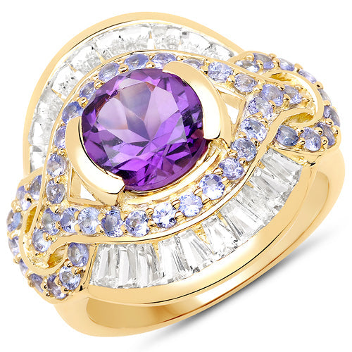 14K Yellow Gold Plated 3.93 Carat Genuine Amethyst, Tanzanite and White Topaz .925 Sterling Silver Ring Bids.com