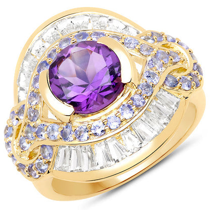 14K Yellow Gold Plated 3.93 Carat Genuine Amethyst, Tanzanite and White Topaz .925 Sterling Silver Ring Bids.com