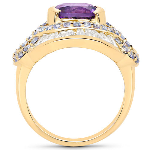 14K Yellow Gold Plated 3.93 Carat Genuine Amethyst, Tanzanite and White Topaz .925 Sterling Silver Ring Bids.com