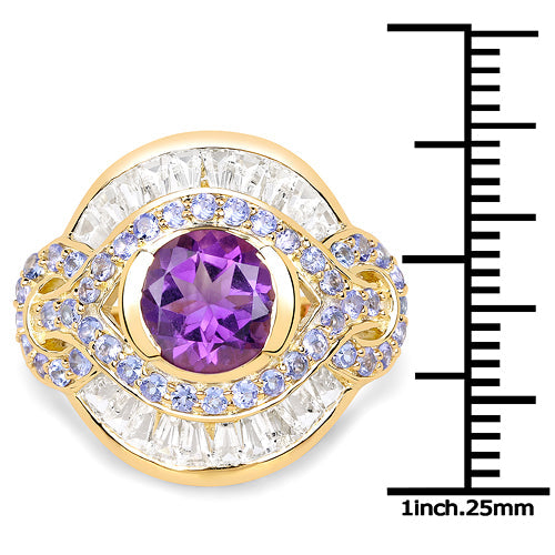 14K Yellow Gold Plated 3.93 Carat Genuine Amethyst, Tanzanite and White Topaz .925 Sterling Silver Ring Bids.com