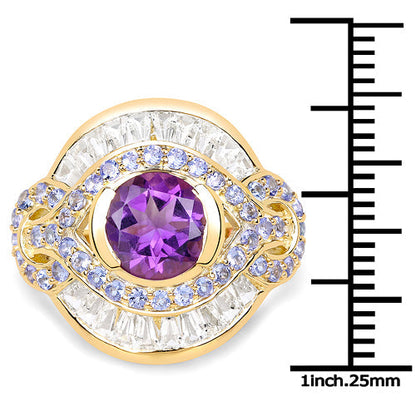 14K Yellow Gold Plated 3.93 Carat Genuine Amethyst, Tanzanite and White Topaz .925 Sterling Silver Ring Bids.com