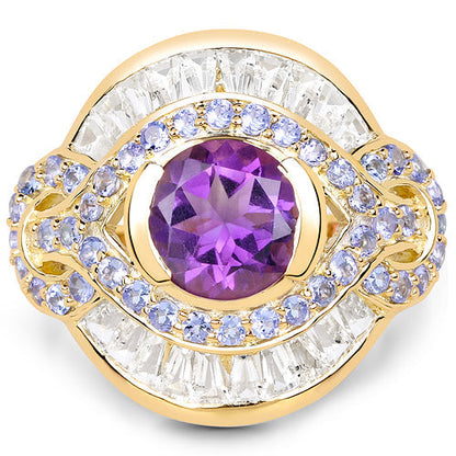 14K Yellow Gold Plated 3.93 Carat Genuine Amethyst, Tanzanite and White Topaz .925 Sterling Silver Ring Bids.com