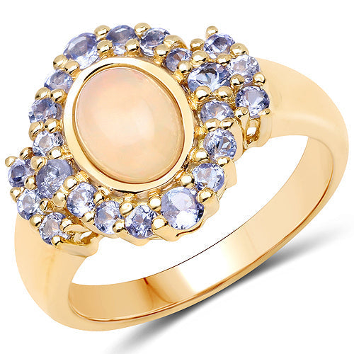 14K Yellow Gold Plated 1.74 Carat Genuine Ethiopian Opal and Tanzanite .925 Sterling Silver Ring Bids.com