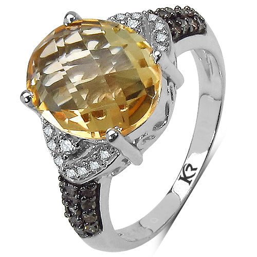 4.69 Carat Genuine Citrine, Champagne Diamond & White Diamond .925 Sterling Silver Ring Bids.com