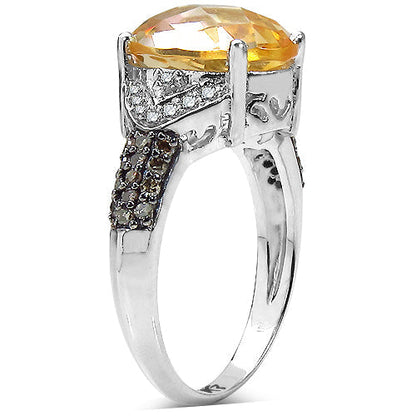 4.69 Carat Genuine Citrine, Champagne Diamond & White Diamond .925 Sterling Silver Ring Bids.com